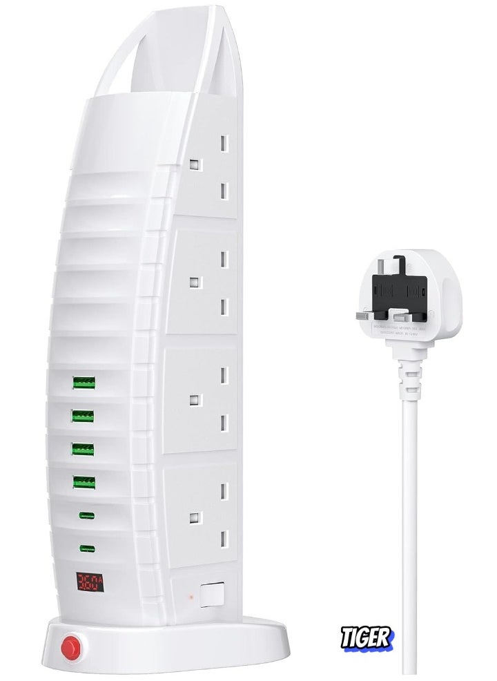 TIGER New Extension Lead with USB – 8-Way Tower Extension Cord, 6 USB Ports (2 Type C & 4 USB), 3.6A Multi-Plug Extension Socket, 2M Cable with Switches, Vertical Power Strip for Home & Office  - Image 1