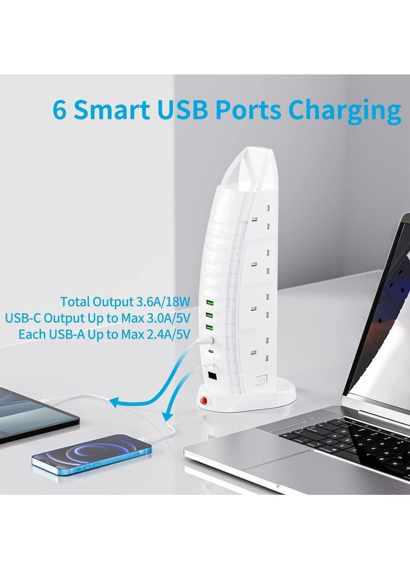 TIGER New Extension Lead with USB – 8-Way Tower Extension Cord, 6 USB Ports (2 Type C & 4 USB), 3.6A Multi-Plug Extension Socket, 2M Cable with Switches, Vertical Power Strip for Home & Office  - Image 3