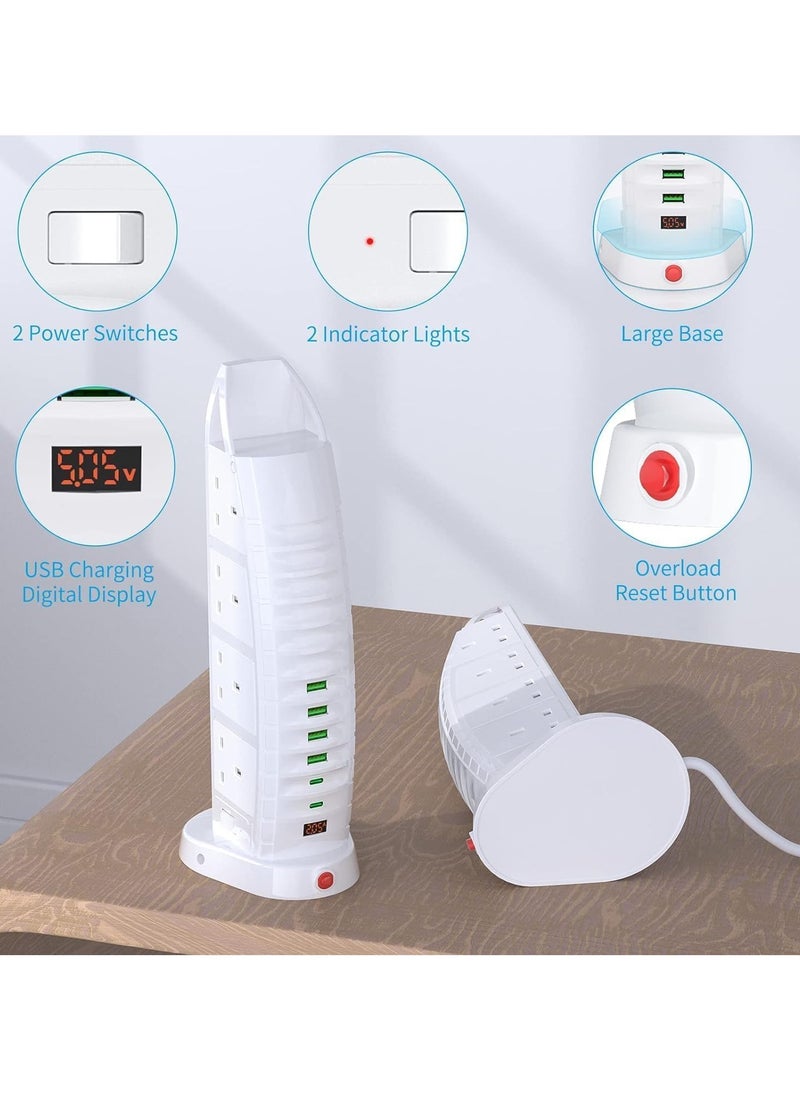 TIGER New Extension Lead with USB – 8-Way Tower Extension Cord, 6 USB Ports (2 Type C & 4 USB), 3.6A Multi-Plug Extension Socket, 2M Cable with Switches, Vertical Power Strip for Home & Office  - Image 4