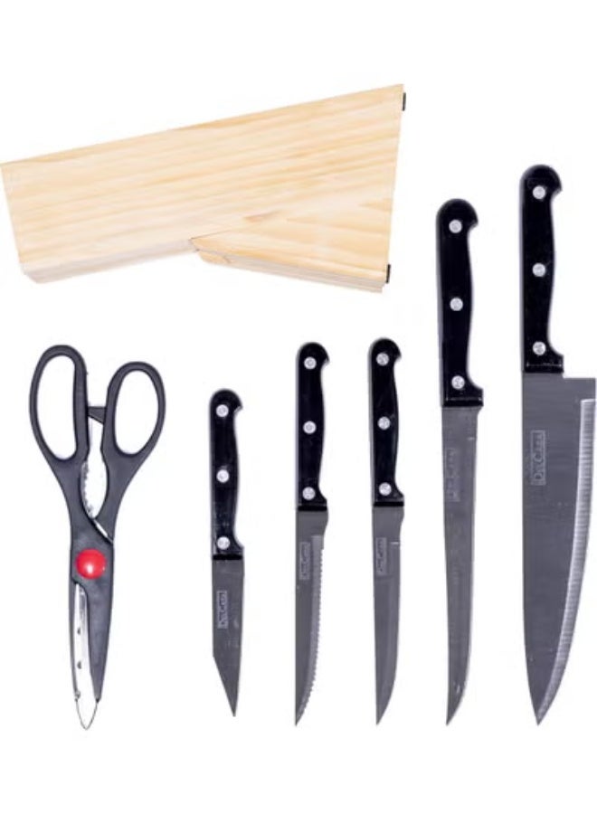 طقم سكاكين بشفرات من الفولاذ المقاوم للصدأ (حامل خشبي) (7 قطع) - Image 3