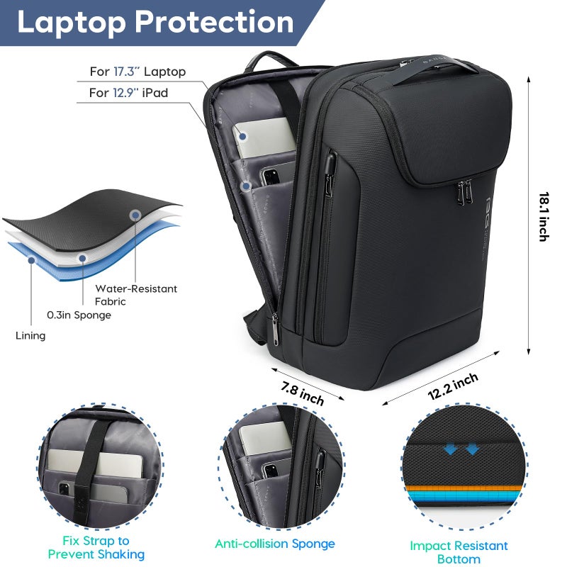 BANGE Men's Laptop Backpack for 17.3Inch Notebook,Waterproof Fashion Travel Backpacks,High Tech Backpack with Water Bottle, Work Business Backpacks for Men and Women - Image 3