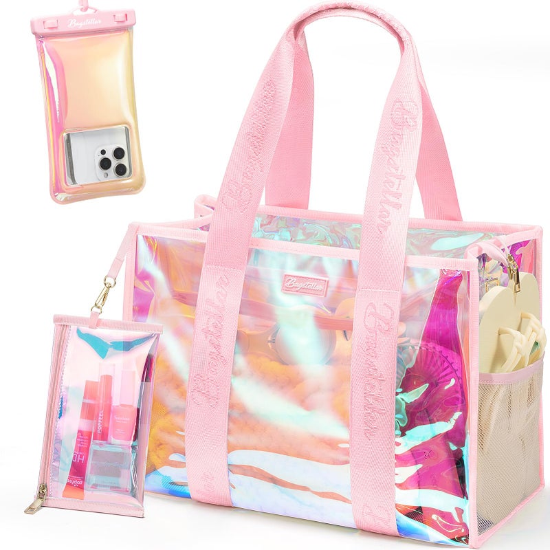 Bagstellar Beach Bags for Women, 3 PCS Large Iridescent Clear Beach Tote Bag with Zipper, Makeup Bag & Waterproof Phone Pouch Case, Sandproof Crossbody Swim Pool Bag Summer Vacation Travel Essentials - Image 1
