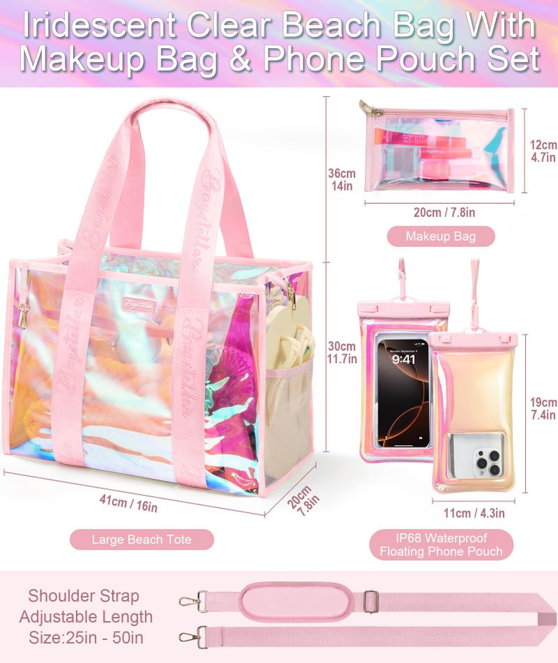 Bagstellar Beach Bags for Women, 3 PCS Large Iridescent Clear Beach Tote Bag with Zipper, Makeup Bag & Waterproof Phone Pouch Case, Sandproof Crossbody Swim Pool Bag Summer Vacation Travel Essentials - Image 4