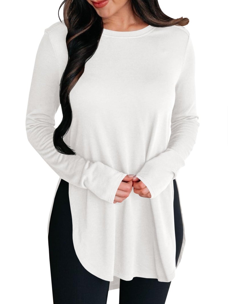 BZB Womens Long Sleeve Tunic Tops Fall Casual Crew Neck Side Split Hi-Low Hem Loose Shirts To Wear With Leggings White - Image 1