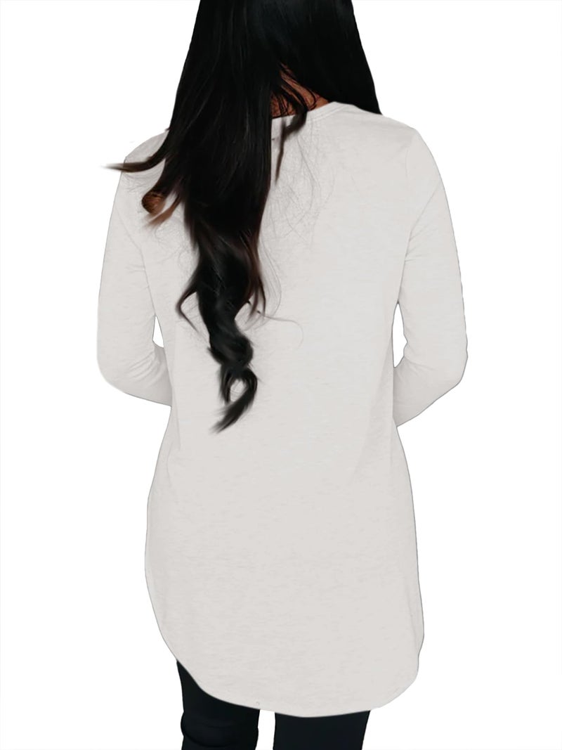BZB Womens Long Sleeve Tunic Tops Fall Casual Crew Neck Side Split Hi-Low Hem Loose Shirts To Wear With Leggings White - Image 3
