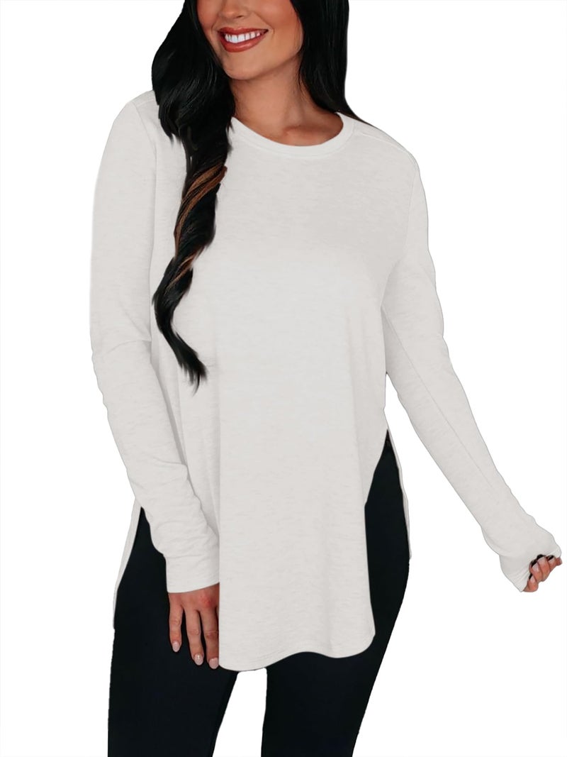 BZB Womens Long Sleeve Tunic Tops Fall Casual Crew Neck Side Split Hi-Low Hem Loose Shirts To Wear With Leggings White - Image 4