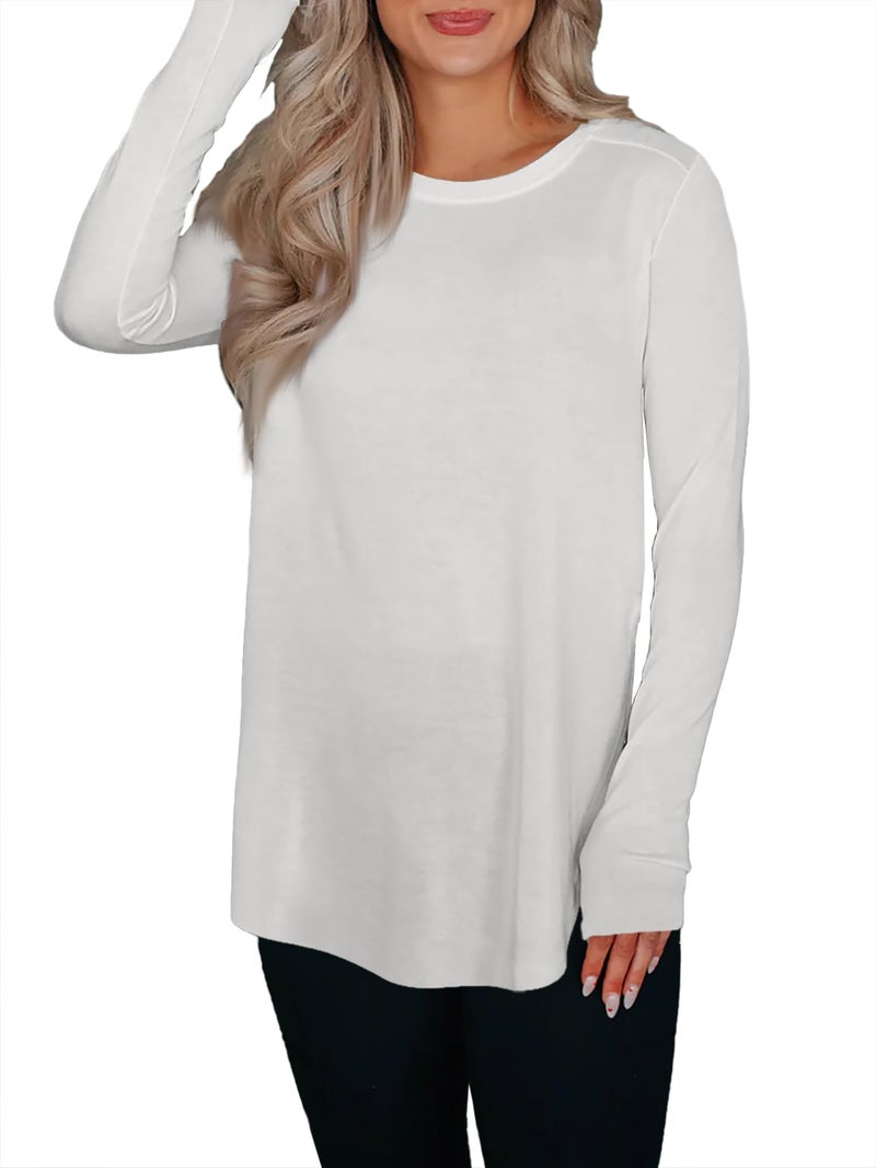 BZB Womens Long Sleeve Tunic Tops Fall Casual Crew Neck Side Split Hi-Low Hem Loose Shirts To Wear With Leggings White - Image 5