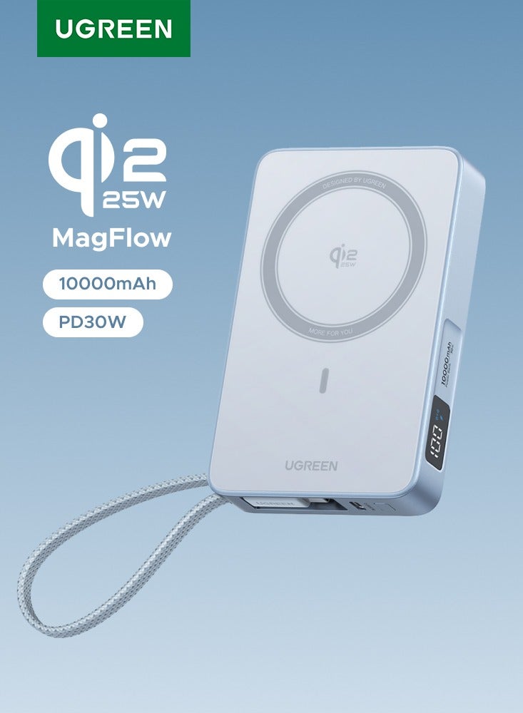 10000 mAh Magflow Qi2 25W Power Bank Wireless Portable Charger Magnetic Battery Pack Magsafe PD30W Fast Wired Two-Way Charging Built-in Type C Cable With Real-time Battery Display for iPhone Series - Silver