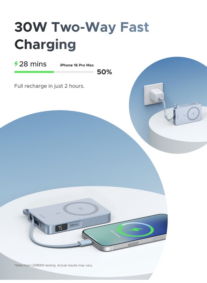 Ugreen 10000 mAh Magsafe 10000mAh Ultral- Fast Qi2 25W Magflow Power Bank with Strong Magnetic Attachment, Wireless Portable Charger with 25W Fast Wireless Charging and PD30W Fast Charging, Airline-Friendly, Built-in Type C Cable for Samsung S26/S25 Ultra, iPhone 17/16 Pro Max Series - Silver Blue 25W With cable - blue - Image 4