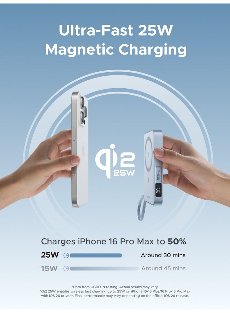 Ugreen 10000 mAh Magsafe 10000mAh Ultral- Fast Qi2 25W Magflow Power Bank with Strong Magnetic Attachment, Wireless Portable Charger with 25W Fast Wireless Charging and PD30W Fast Charging, Airline-Friendly, Built-in Type C Cable for Samsung S26/S25 Ultra, iPhone 17/16 Pro Max Series - Silver Blue 25W With cable - blue - Image 3