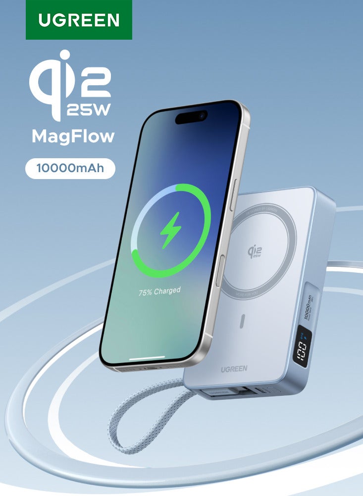Ugreen 10000 mAh Magsafe 10000mAh Ultral- Fast Qi2 25W Magflow Power Bank with Strong Magnetic Attachment, Wireless Portable Charger with 25W Fast Wireless Charging and PD30W Fast Charging, Airline-Friendly, Built-in Type C Cable for Samsung S26/S25 Ultra, iPhone 17/16 Pro Max Series - Silver Blue 25W With cable - blue - Image 1