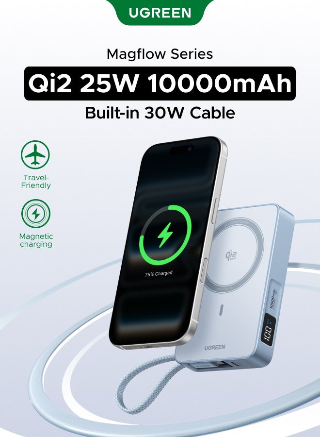 Ugreen 10000 mAh Magsafe 10000mAh Ultral- Fast Qi2 25W Magflow Power Bank with Strong Magnetic Attachment, Wireless Portable Charger with 25W Fast Wireless Charging and PD30W Fast Charging, Airline-Friendly, Built-in Type C Cable for iPhone 17/16 Pro Max, Samsung S26/S25 Ultra 10000mAh Qi25W -Blue - Image 1