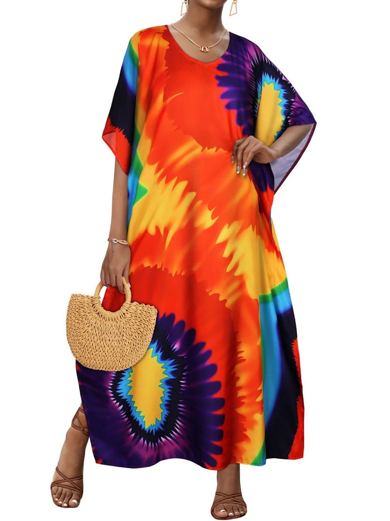 JILUVIN Kaftan Dresses for Women Plus Size V Neck Caftan Long Batwing Sleeve Swimsuit Cover Up Beach Swimwear (Colorful Spiral,One Size) - Image 1