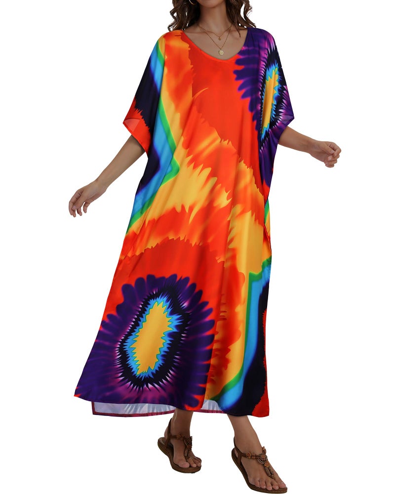 JILUVIN Kaftan Dresses for Women Plus Size V Neck Caftan Long Batwing Sleeve Swimsuit Cover Up Beach Swimwear (Colorful Spiral,One Size) - Image 4