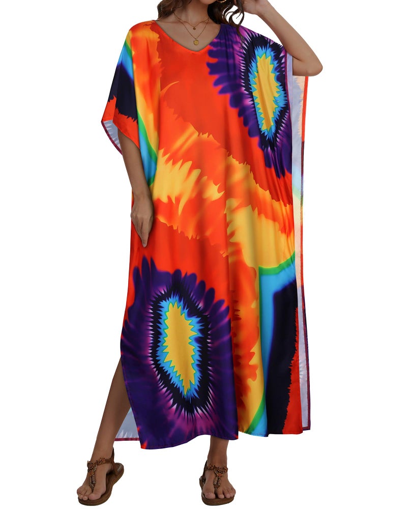 JILUVIN Kaftan Dresses for Women Plus Size V Neck Caftan Long Batwing Sleeve Swimsuit Cover Up Beach Swimwear (Colorful Spiral,One Size) - Image 2