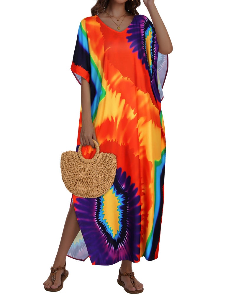 JILUVIN Kaftan Dresses for Women Plus Size V Neck Caftan Long Batwing Sleeve Swimsuit Cover Up Beach Swimwear (Colorful Spiral,One Size) - Image 3