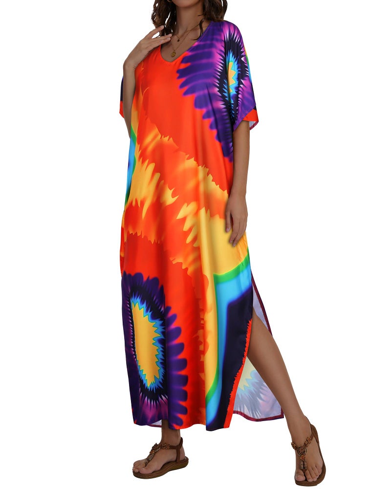 JILUVIN Kaftan Dresses for Women Plus Size V Neck Caftan Long Batwing Sleeve Swimsuit Cover Up Beach Swimwear (Colorful Spiral,One Size) - Image 5