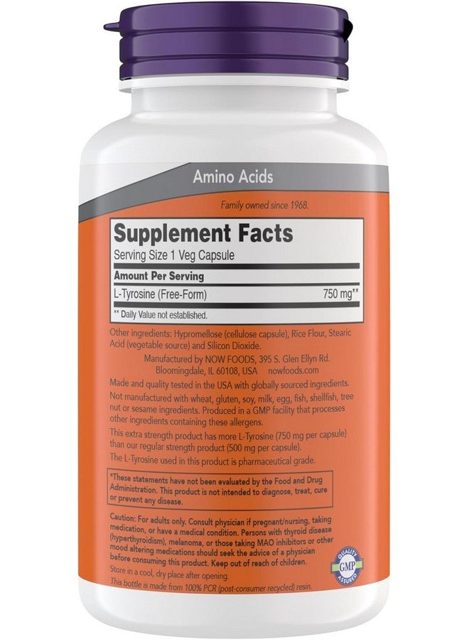 NOW Foods Supplements, L-Tyrosine 750 mg, Supports Mental Alertness*, Neurotransmitter Support*, 180 Veg Capsules - Image 2