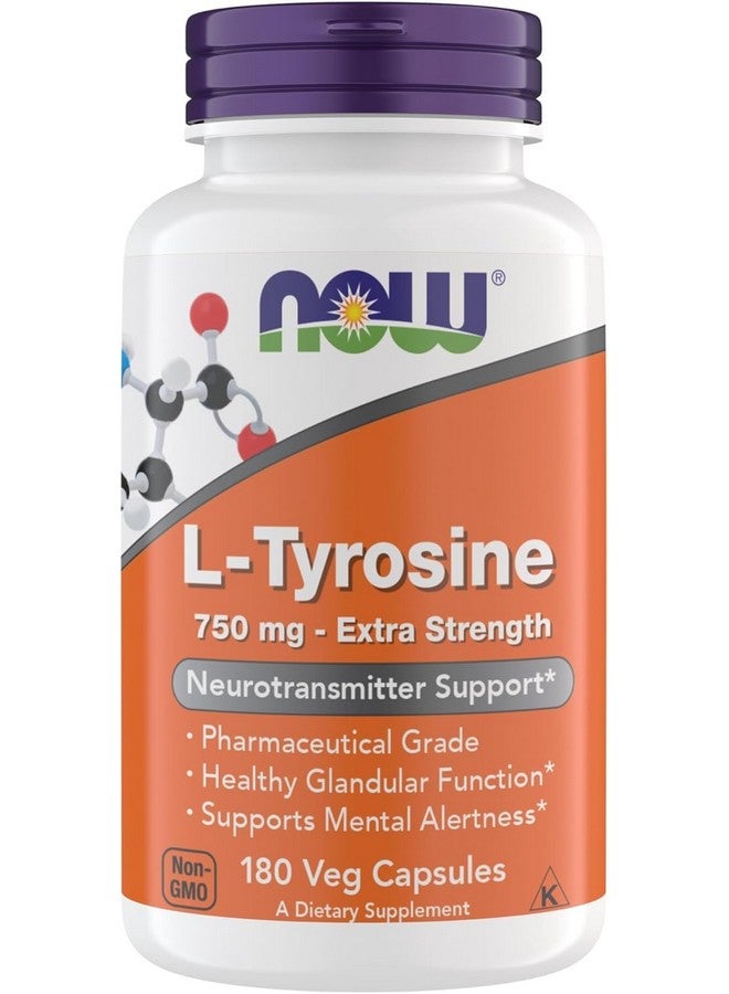 NOW Foods Supplements, L-Tyrosine 750 mg, Supports Mental Alertness*, Neurotransmitter Support*, 180 Veg Capsules - Image 1