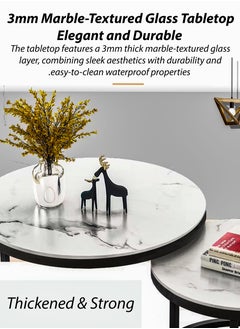 DBLEW Modern Faux Marble Finish Round Nesting Coffee Table Set of 2 One Small and One Big Side Tea Tables with Black Steel Base Space Saving Design Durable 3mm Glass Top Waterproof and Scratch-Resistant Perfect for Home Living Room Bedroom Outdoor Garden Patio or Small Spaces Versatile End Table, Sofa Side, Center Table Bedside Tables Stackable Accent Table  - Image 2