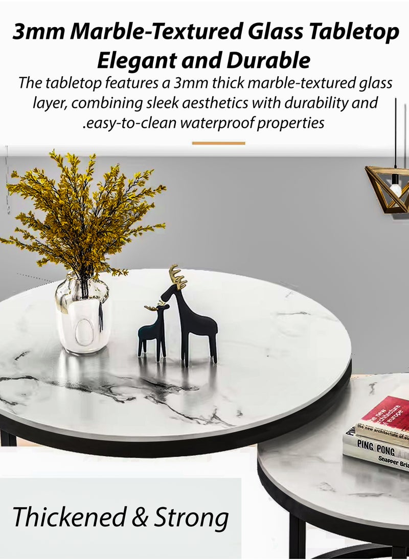 DBLEW Modern Faux Marble Finish Round Nesting Coffee Table Set of 2 One Small and One Big Side Tea Tables with Black Steel Base Space Saving Design Durable 3mm Glass Top Waterproof and Scratch-Resistant Perfect for Home Living Room Bedroom Outdoor Garden Patio or Small Spaces Versatile End Table, Sofa Side, Center Table Bedside Tables Stackable Accent Table  - Image 2