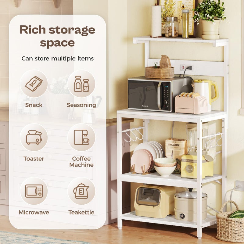SUPERJARE Kitchen Bakers Rack with Power Outlet, Coffee Bar Table 4 Tiers, Kitchen Microwave Stand with 6 S-Shaped Hooks, Storage Shelf Rack for Spices, Pots and Pans - White - Image 5
