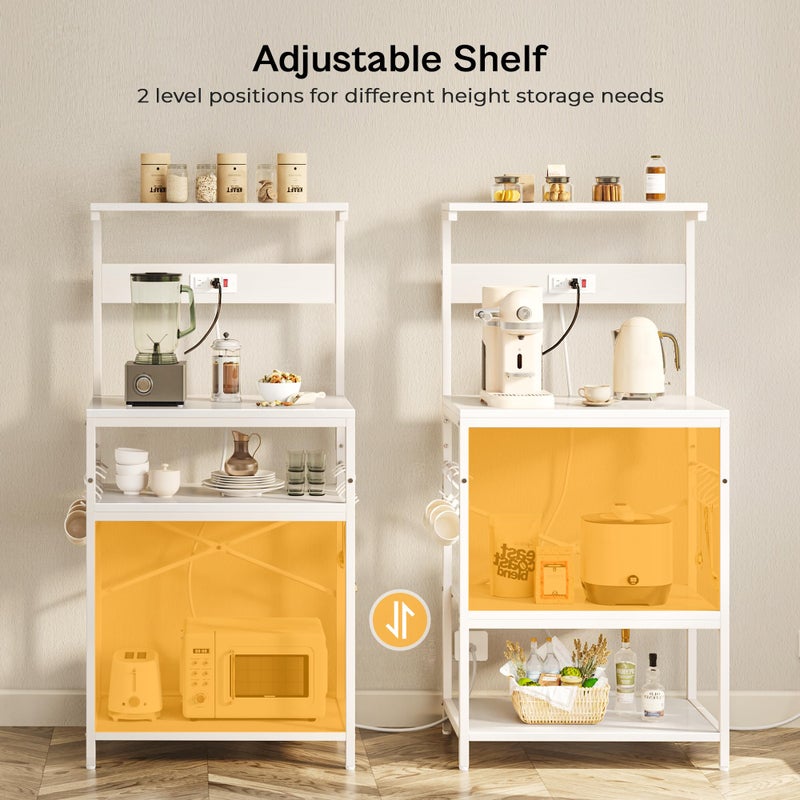 SUPERJARE Kitchen Bakers Rack with Power Outlet, Coffee Bar Table 4 Tiers, Kitchen Microwave Stand with 6 S-Shaped Hooks, Storage Shelf Rack for Spices, Pots and Pans - White - Image 4