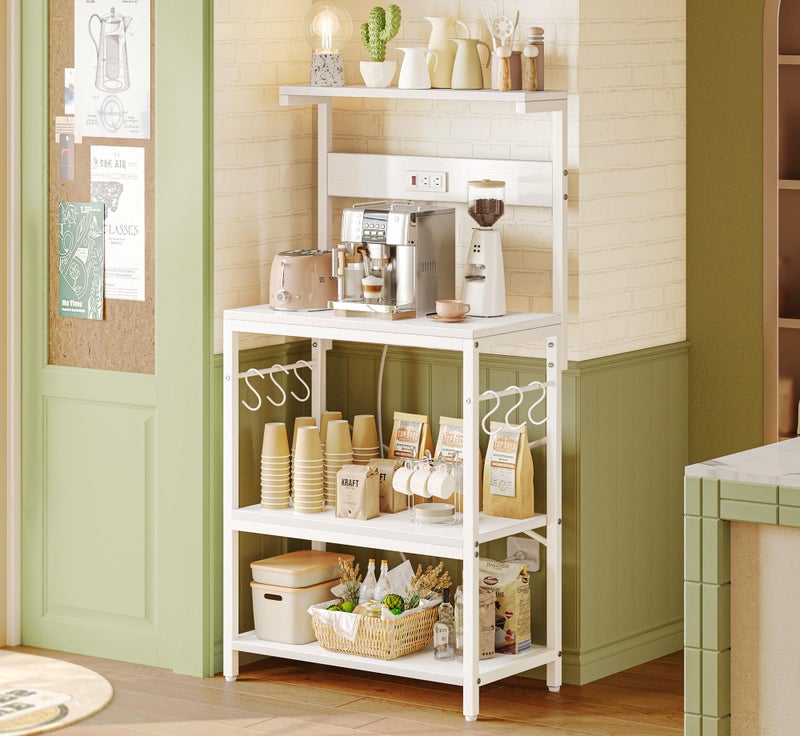 SUPERJARE Kitchen Bakers Rack with Power Outlet, Coffee Bar Table 4 Tiers, Kitchen Microwave Stand with 6 S-Shaped Hooks, Storage Shelf Rack for Spices, Pots and Pans - White - Image 2
