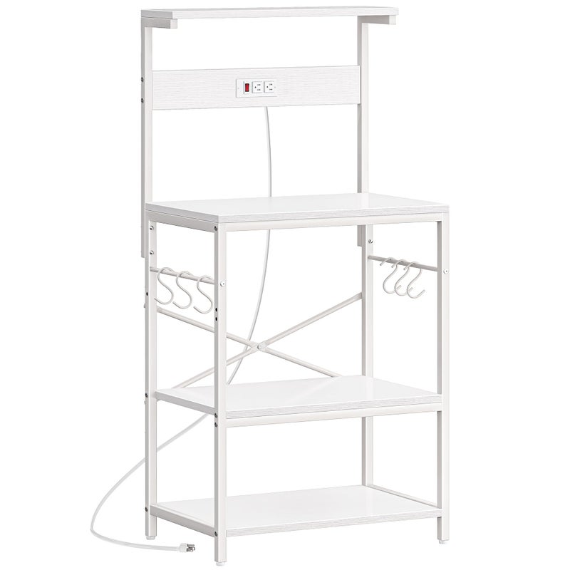 SUPERJARE Kitchen Bakers Rack with Power Outlet, Coffee Bar Table 4 Tiers, Kitchen Microwave Stand with 6 S-Shaped Hooks, Storage Shelf Rack for Spices, Pots and Pans - White - Image 1