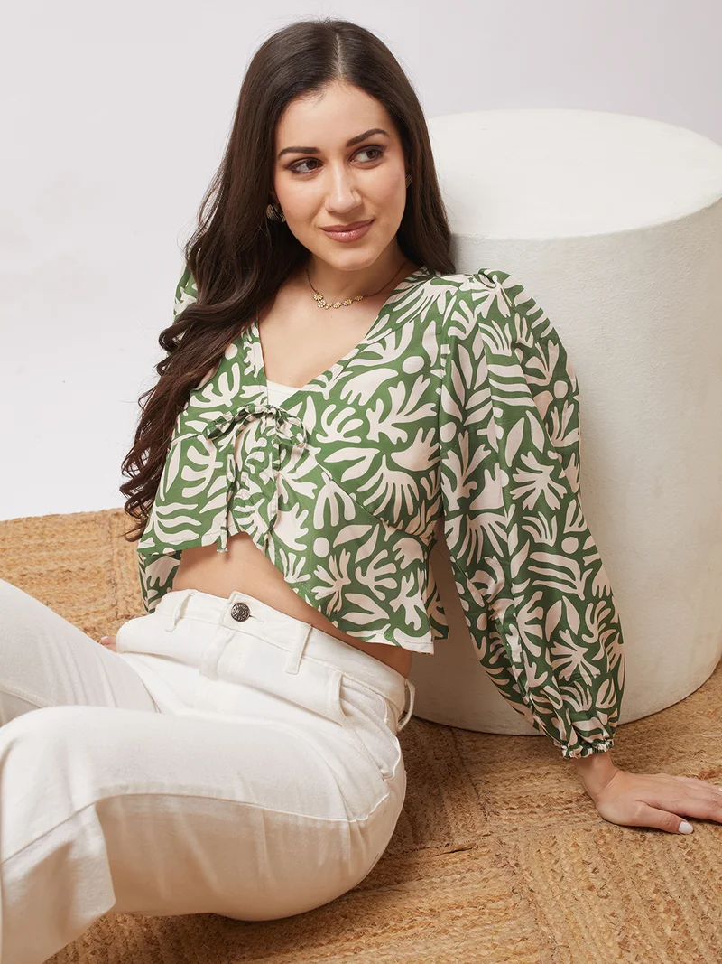 globus Women Green V-Neck Bishop Sleeves Abstract Print Tie-Up Detail Wrap Top