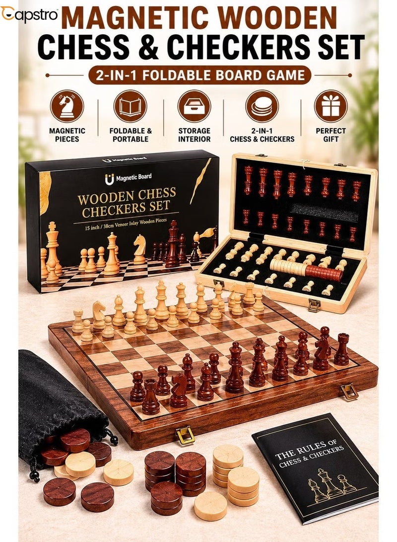 Capstro Magnetic Wooden Chess & Checkers Set – 2-in-1 Folding Board Game for Adults & Kids, Portable Travel Chess Set with Magnetic Pieces, Checkers Discs, Felt Storage Interior & Carry Bag - Image 2