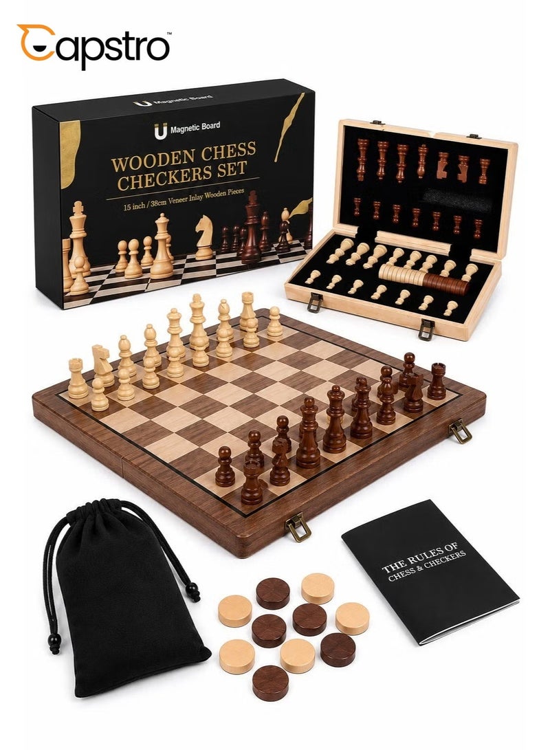 Capstro Magnetic Wooden Chess & Checkers Set – 2-in-1 Folding Board Game for Adults & Kids, Portable Travel Chess Set with Magnetic Pieces, Checkers Discs, Felt Storage Interior & Carry Bag - Image 1