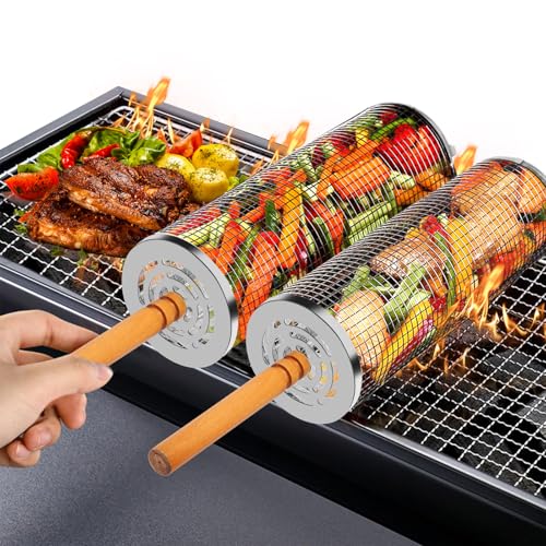 HOMPER 2PCS Nesting Grill Baskets with Removable Wooden Handles118 x 39 304 Stainless Steel Rolling Barbecue Grill Mesh for Vegetables and Shrimp BBQ Accessory Gifts for Men BBQ Net Tube - Image 1
