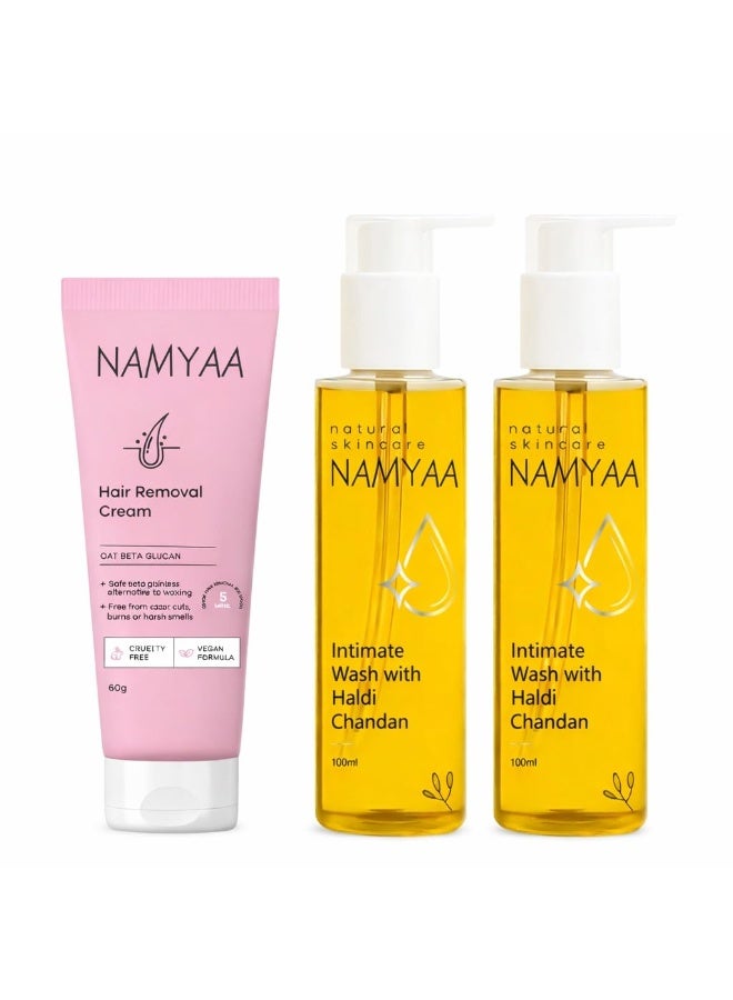 Namyaa Intimate Hygiene Care Set-Hair Removal Cream 60Gm (pack of 1) & Haldi Chandan Hygiene Wash 100Ml (pack of 2) - Image 1