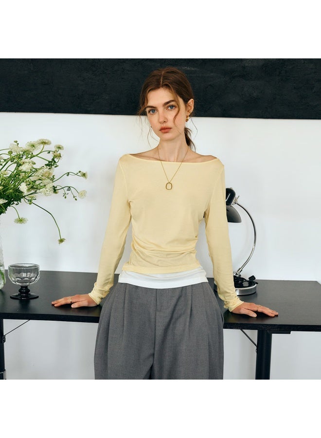 Olrain Oulain Yellow French T-shirt For Women, Autumn New Style Faux Two-piece One-word Collar Gentle Style Top, Apricot, M - Image 2