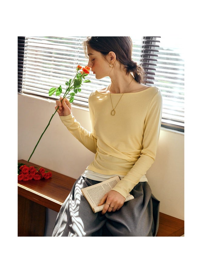 Olrain Oulain Yellow French T-shirt For Women, Autumn New Style Faux Two-piece One-word Collar Gentle Style Top, Apricot, M - Image 1