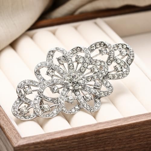 EVER FAITH Austrian Crystal Big 3.7 Inch Flower Ribbon Bridal Brooch Wedding Prom Accessories for Women Clear Silver-Plated-Base - Image 4