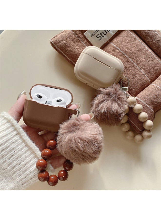 Ins Simple Solid Color Fur Ball Suitable For Airpods4 Generation Protective Case Second Generation 3 Generation Pro2 For Apple Bluetooth Earphone Case-Color:Milk Coffee Color Square One Piece + Fur Ball Bead Chain-Applicable Models:Airpods 1/2 Generation