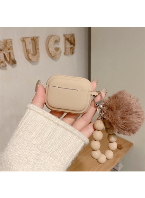 Ins Simple Solid Color Fur Ball Suitable For Airpods4 Generation Protective Case Second Generation 3 Generation Pro2 For Apple Bluetooth Earphone Case-Color:Milk Coffee Color Square One Piece + Fur Ball Bead Chain-Applicable Models:Airpods 1/2 Generation