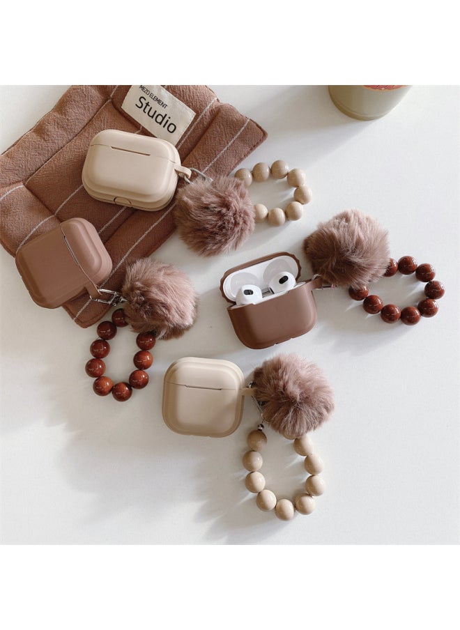 Ins Simple Solid Color Fur Ball Suitable For Airpods4 Generation Protective Case Second Generation 3 Generation Pro2 For Apple Bluetooth Earphone Case-Color:Milk Coffee Color Square One Piece + Fur Ball Bead Chain-Applicable Models:Airpods 1/2 Generation