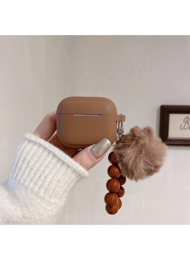 Ins Simple Solid Color Fur Ball Suitable For Airpods4 Generation Protective Case Second Generation 3 Generation Pro2 For Apple Bluetooth Earphone Case-Color:Milk Coffee Color Square One Piece + Fur Ball Bead Chain-Applicable Models:Airpods 1/2 Generation