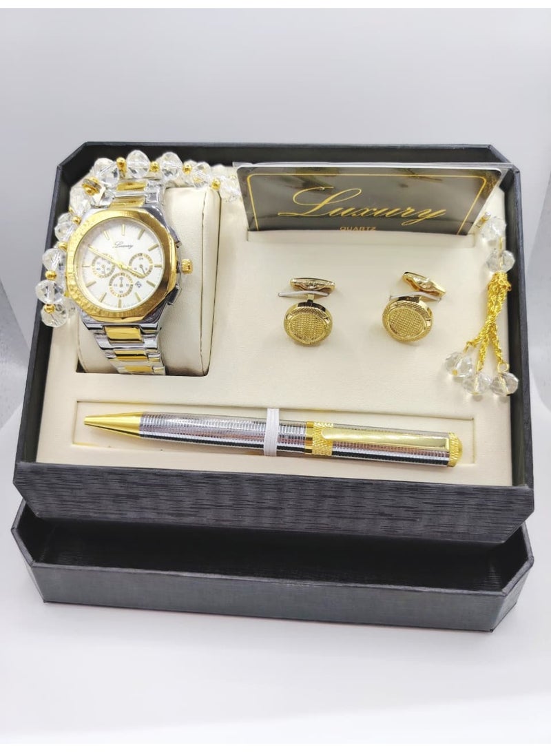 لكجر طقم هدية ساعة رجالية راقية و بجودة عالية ساعة, وقلم, وسبحة, وكبك, سوار فضي ذهبي مع ميناء أبيض