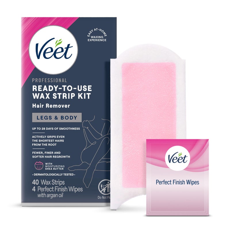 VEET Sugar Wax Strips For Women's Body Hair Removal, Bikini Hair Removal Kit, Pubic, Dermatologically Tested For Body & Intimate Areas, 40ct Wax Strips with Shea Butter & 4ct Wipes - Image 1