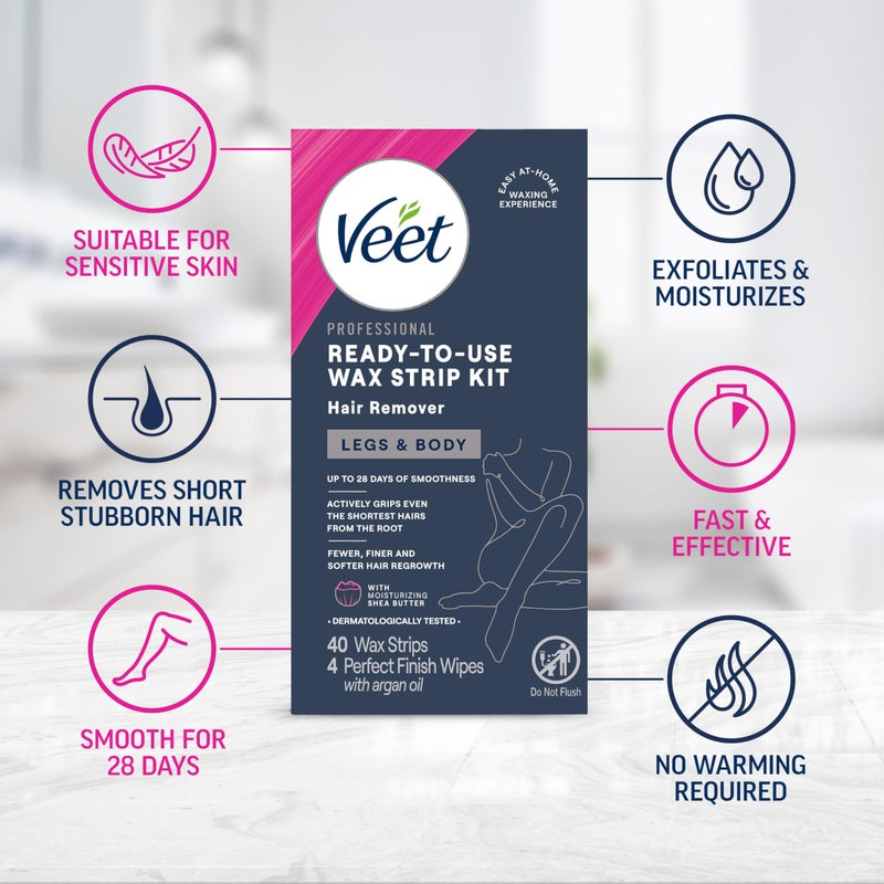 VEET Sugar Wax Strips For Women's Body Hair Removal, Bikini Hair Removal Kit, Pubic, Dermatologically Tested For Body & Intimate Areas, 40ct Wax Strips with Shea Butter & 4ct Wipes - Image 3