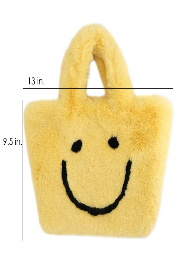 surell Faux Fur Smile Bag - Girls Y2K Aesthetic Tote Bag - Smiley Yellow Small Tote - Cute Fluffy Handbag - Image 3