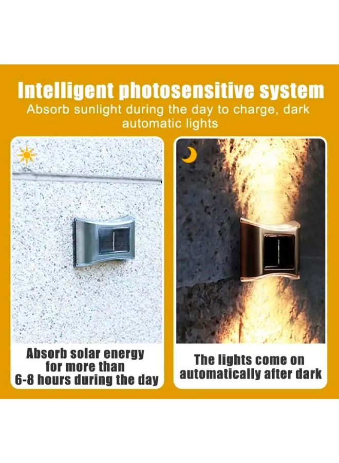 BLUE CORAL 4 Pcs Blue Coral Solar Outdoor 6 Led Wall Lights, Waterproof Glow Up And Down Fence Lamp Garden Yard Corridor Stainless Steel Lighting Living, Warm  - Image 2