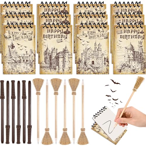 Sanixin 24 Pcs Magical Wizard Notepads Set Spiral Notebooks and Magic Wand Pencils Witch Broom Pencils Castle Magical Wizard School Mini Notepads Small Pocket Journal Goodie Bag Stuffers for Wizard School Classroom Favors Supplies - Image 1