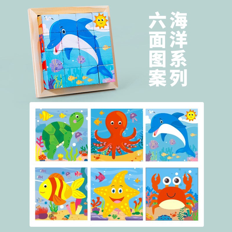 Wooden Six-Sided Puzzle With Three-Dimensional Traffic And Animal Designs, Children'S Building Blocks, Early Education Educational Toys - Image 1