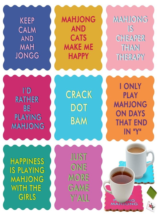 Newtay 8 Packs Mahjong Coasters 4'' Cute Wavy Edge Cork Coasters for Colorful Cups Drinks Table Protection Game Night Party Supplies Mahjong Accessories Gifts (Funny Sayings) - Image 1
