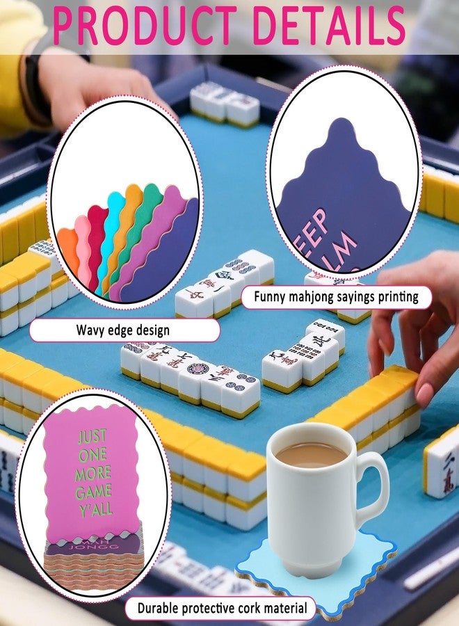 Newtay 8 Packs Mahjong Coasters 4'' Cute Wavy Edge Cork Coasters for Colorful Cups Drinks Table Protection Game Night Party Supplies Mahjong Accessories Gifts (Funny Sayings) - Image 3